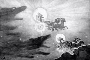 Black and white illustration of wolves chasing the sun and the moon, each getting carried through the sky on a horse-drawn chariot.