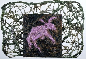 Color photograph of a rounded-rectangular wall sculpture. A dark, square wooden plate bears a light purple shape that resembles a reindeer or a long-horned goat. The plate is mounted on a lofty, irregular wire mesh that is coated with a gnarly dark greenish polymer. The entire sculpture also is covered with a light sprinkle of metallic glitter.