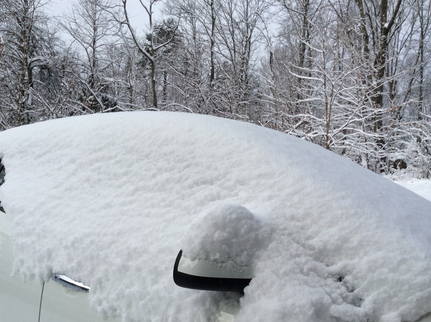 Color photograph of a white Nissan Leaf, named "Schneeflöckli" (Little Snowflake), under snow.