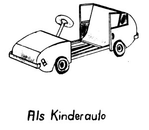 Sketch (black and white perspective drawing) of a pedal car made by inserting the optional mid-section floor, pedals, and steering wheel into the multipurpose stroller.