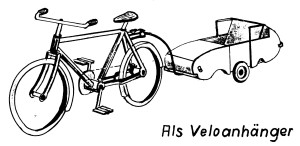 Sketch (black and white perspective drawing) of a bicycle with a two-wheeled trailer made by inserting the optional mid-section floor and walls of the multipurpose stroller. The two standard axles have been removed, but one of them has been reattached underneath the mid-section.