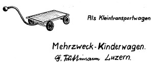 Sketch (black and white perspective drawing) of a small. four-wheeled flat-bed transport cart made of the chassis of the multipurpose stroller by inserting the optional mid-section floor.